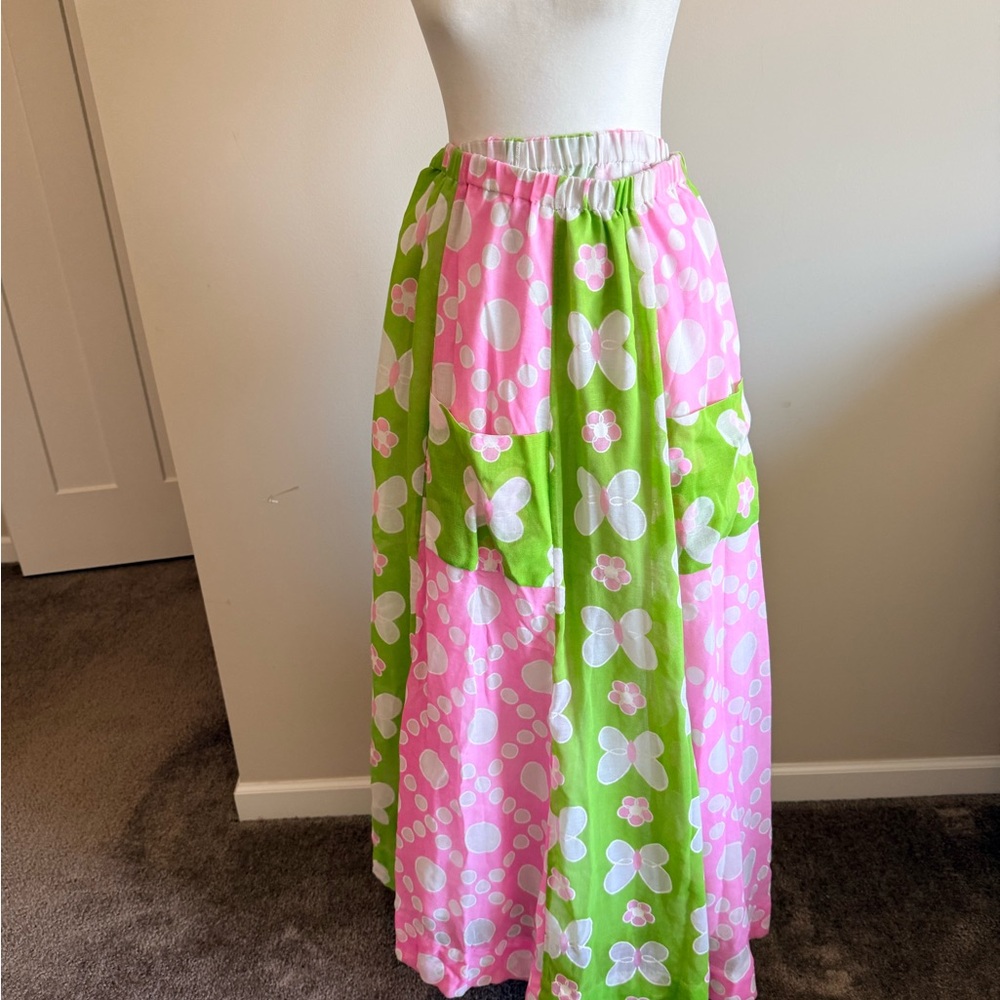 🌸 Vintage Chessa Davis Patchwork Maxi Skirt – Pink & Green Floral Boho 🌸